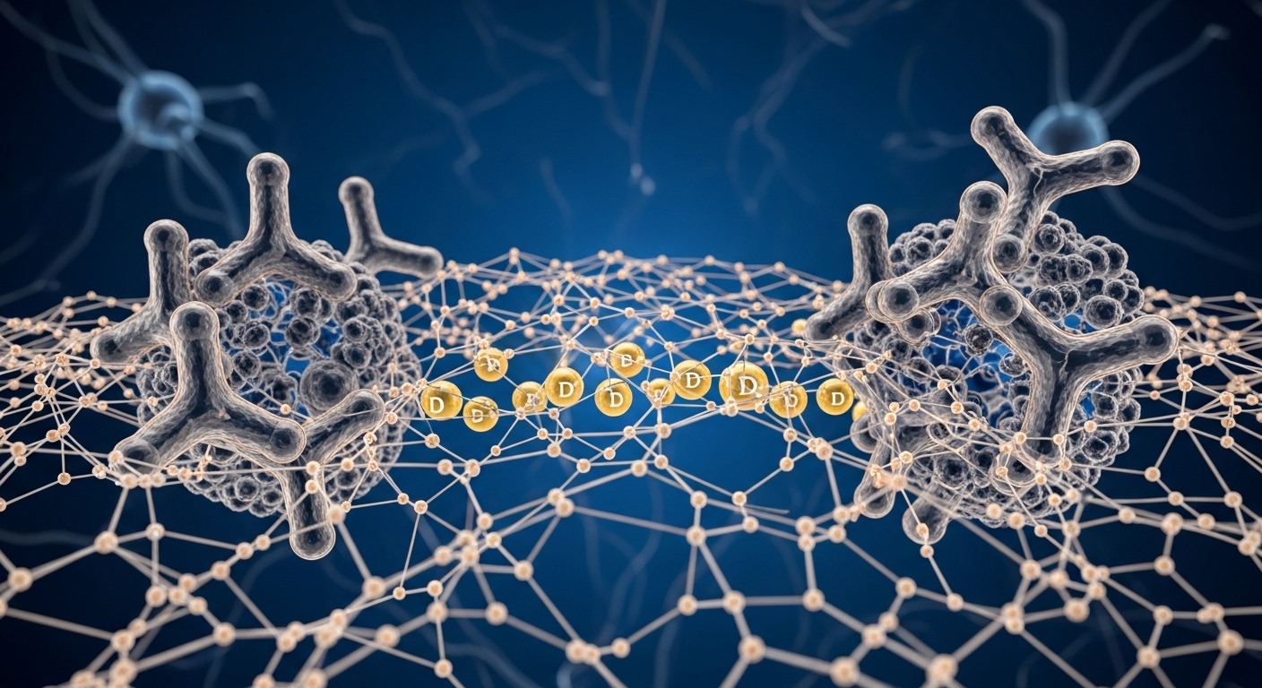 A molecular visualization illustrating the physical limitations of the blood-brain barrier and the selective penetration of native biochemical structures.